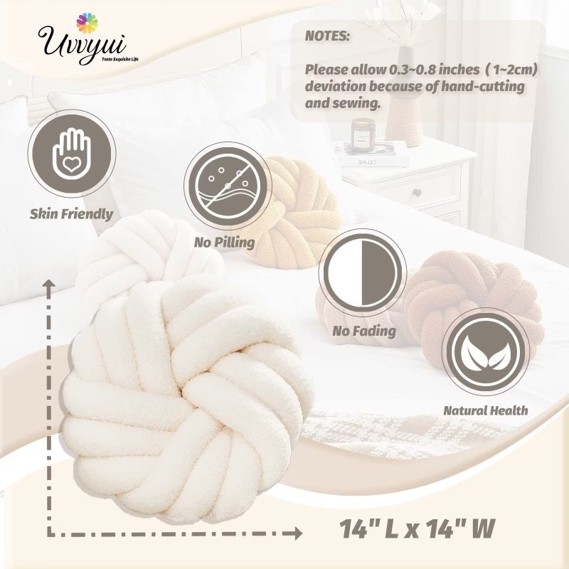 Uvvyui Knot Pillows, 14 Inch Decorative Throw Pillows Round Pillows Cushion, Soft Handmade Knotted Ball Pillow Plush Cushion Home Decor for Bed Couch Living Room (Ivory, 14 Inch) - Image 2